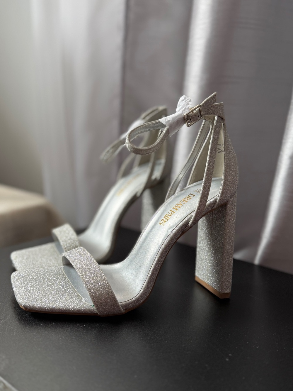 Dream Pairs Silver Glitter Ankle-Strap Block Heels